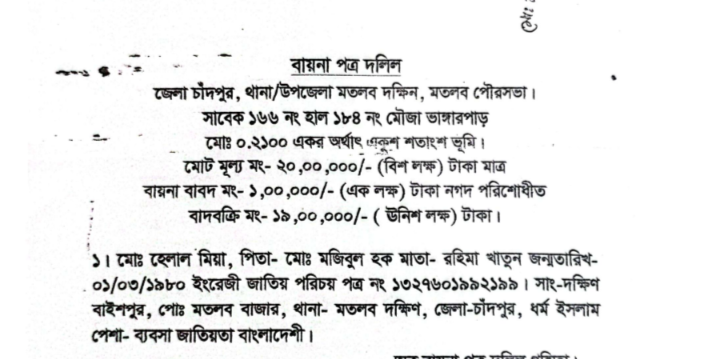 মতলব দক্ষিণে বায়নার টাকা নিয়ে অন্যত্র জায়গা বিক্রির অভিযোগ