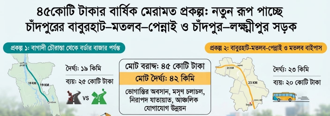 নতুন রূপ পাচ্ছে বাবুরহাট-মতলব-পেন্নাই ও চাঁদপুর-লক্ষ্মীপুর সড়ক